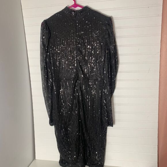 Mabell Black Sequin Mock Neck Long Sleeve Dress Size L - Picture 4 of 4
